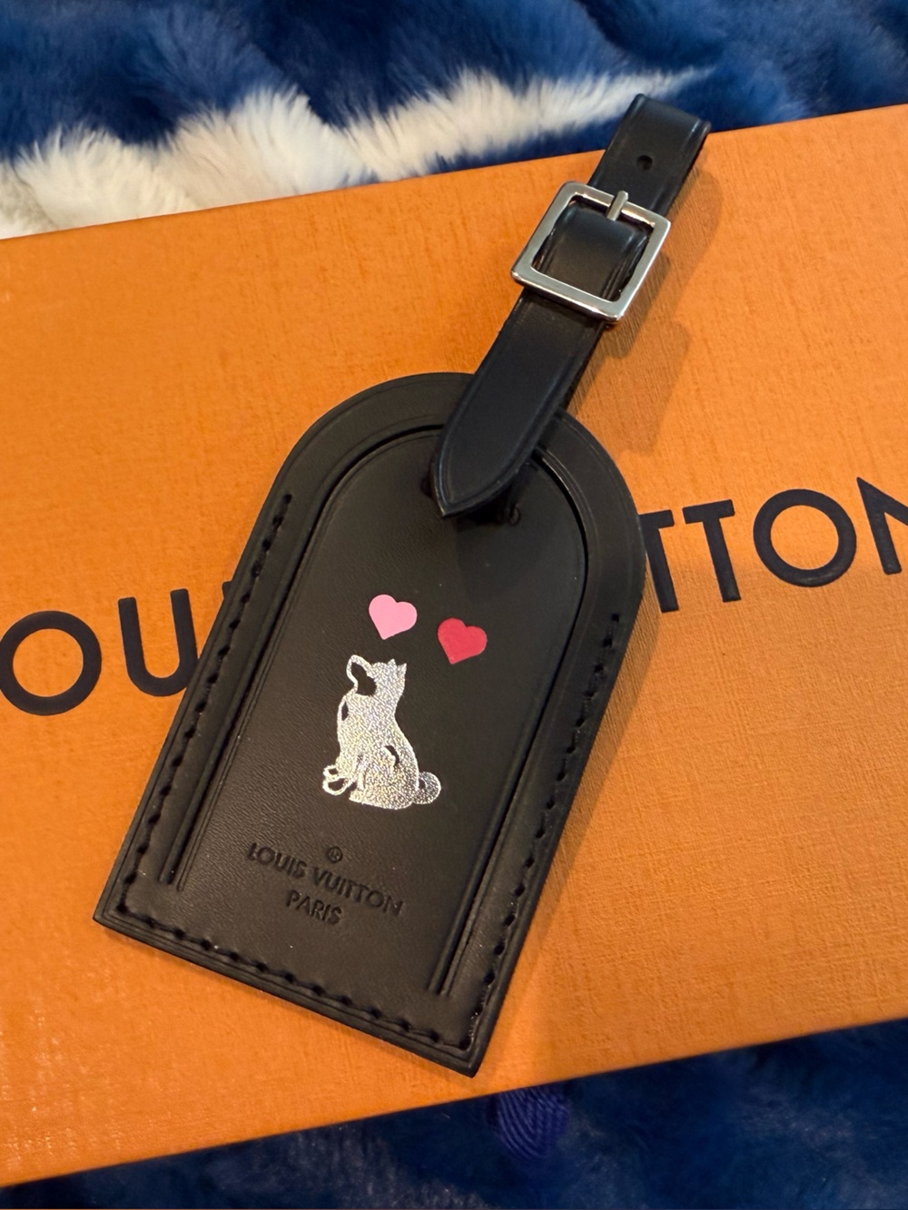 Louis Vuitton Black Leather Tag with Silver Dog and Pink & Red Hearts